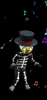 Dancing skeleton wallpaper with colorful notes.