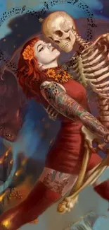 Romantic gothic artwork of a skeleton embracing a woman with tattoos in vivid colors.