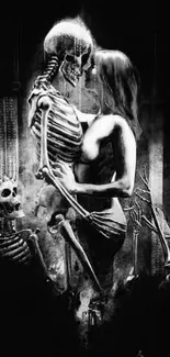 Black and white wallpaper of a skeleton embracing a woman.