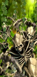 Skeleton figures in a lush green forest setting with hanging leaves.