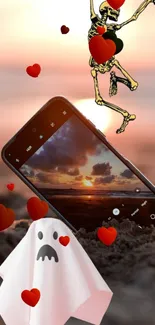 Mobile wallpaper featuring a ghost and skeleton with hearts at sunset.