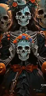 Skeletons decorated with flowers and jack-o'-lanterns for Halloween.