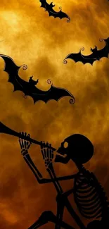 Skeleton playing trumpet with bats under a full moon.