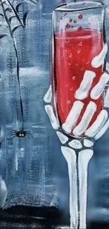 Gothic wallpaper with a skeleton hand holding a crimson drink against a blue background.