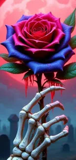 Skeleton hand holding rose under red moon.