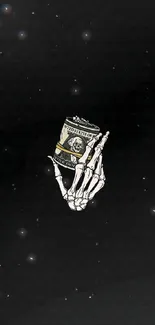 Skeleton hand clutching a dollar bill on a black wallpaper.