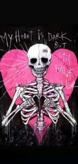 Skeleton with pink heart background art.