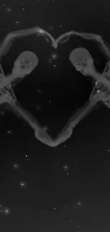 Skeletons form a heart against a cosmic backdrop.