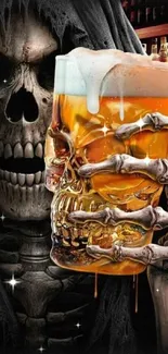 Skeleton with a frothy beer mug in a spooky atmosphere.