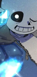 Skeleton character with blue gem on starry background.