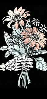 Skeleton hand holding colorful flowers on black background.