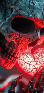 Skeleton holding a glowing red heart in a dark setting.