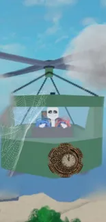 Skeleton piloting helicopter in blue sky.