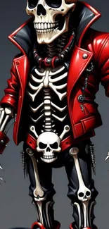 Skeleton in red leather jacket with rock style.