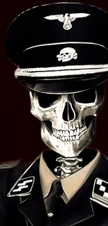 Skeleton wearing military uniform with dark background.