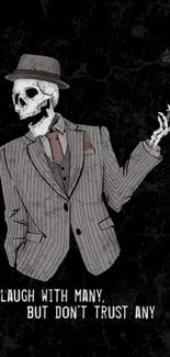 Skeleton in a suit with a quote on a dark background.