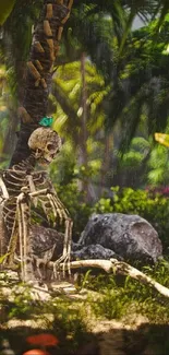 Skeleton amidst lush tropical forest with vibrant greenery.