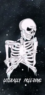 Cartoon skeleton shivering in cosmic snowy background.