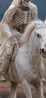 Skeleton knight rides white horse across desolate landscape.