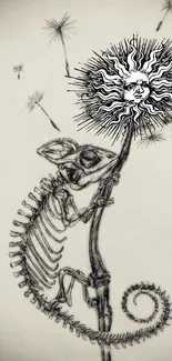 Skeleton lizard holds dandelion with sun face, set on cream background.