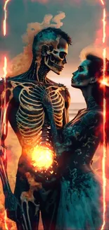 Skeleton couple in a fiery embrace at sunset on the beach wallpaper.