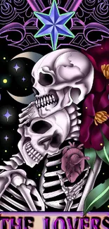 Skeleton lovers art with gothic elements in purple hues on mobile wallpaper.