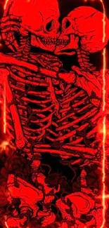 Two red skeletons in a loving embrace with a dark tarot theme.