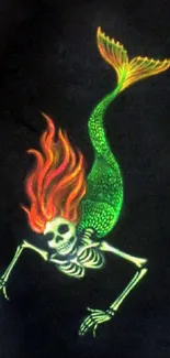 Colorful skeleton mermaid artwork on a dark background for mobile wallpaper.