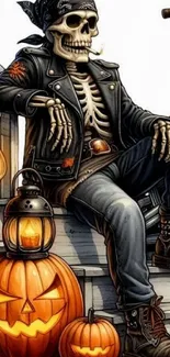 Skeleton in leather jacket with pumpkins on Halloween-themed wallpaper.