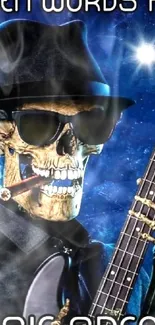 Skeleton musician with guitar on blue vibrant background.