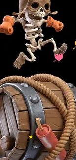 Cartoon skeleton jumps happily on a barrel.