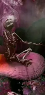 Smoking skeleton seated on a pink mushroom surrounded by candles in a dark fantasy scene.