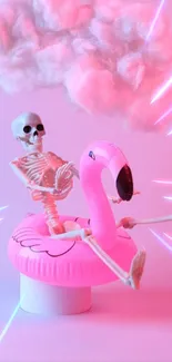 Skeleton on pink flamingo float with clouds in background.