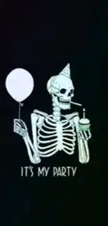 Whimsical skeleton holding party items on a dark background wallpaper