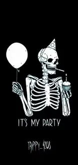 Skeleton holding a balloon and cupcake on dark background wallpaper.