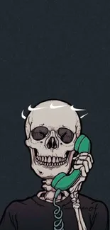 Skeleton holding phone on dark background.