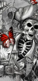 Skeleton pirate holds lantern with red butterflies in gothic wallpaper.