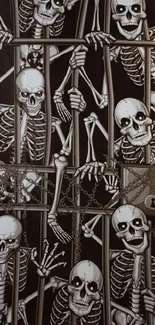 Skeletons behind bars mobile wallpaper with gothic styling.