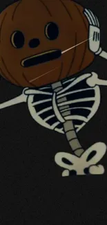 Phone wallpaper of a skeleton with a pumpkin head wearing headphones on a dark background.