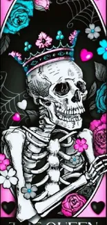 Gothic skeleton wallpaper with vibrant roses and crown.