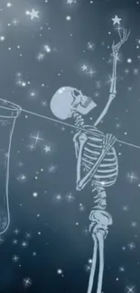 Skeleton reaching for stars against a starry night sky.