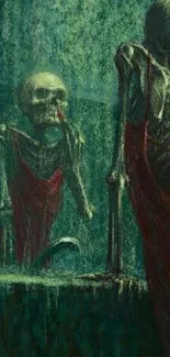 Skeleton with red garment looks at its reflection in a dark green themed mirror.