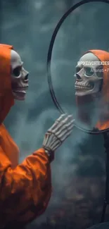 Skeleton in orange cloak looking into a mirror.