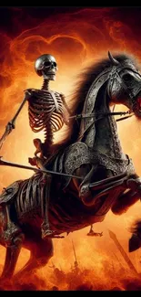 Skeleton rider on a fiery horse with an intense background.