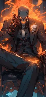 Animated skeleton in a suit with fiery background wallpaper.