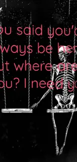 Skeleton swinging against a starry night backdrop with pink text overlay.