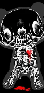 Skeleton teddy bear art with red heart on black background.