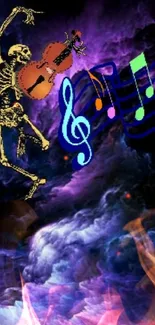 Skeleton with violin and music notes in dark purple clouds.