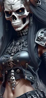 Gothic skeleton warrior in dark armor with a skull-themed design.