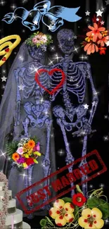 Skeletons with wedding decorations and flowers create a unique mobile wallpaper.